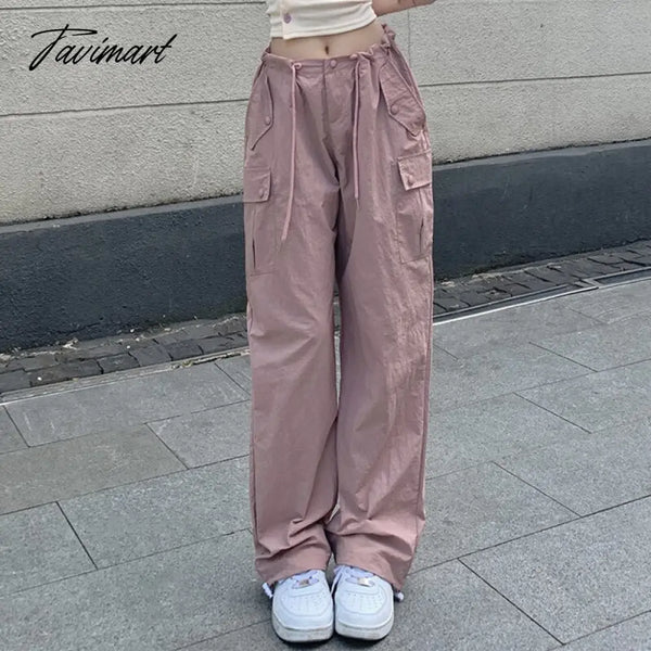 Tavimart Pink Baggy Cargo Pants Y2K Low Rise With Big Pocket Relaxed Fit Combat Women