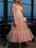 Tavimart Pink Chiffon A - Line Dress Women Off Shoulder Strapless Evening Dresses Ladies Raglan