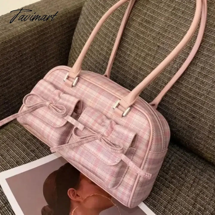 Tavimart - Pink Elegant Womens Shoulder Bag Plaid Bow Vintage Leather Cute Handbag Casual Sweet