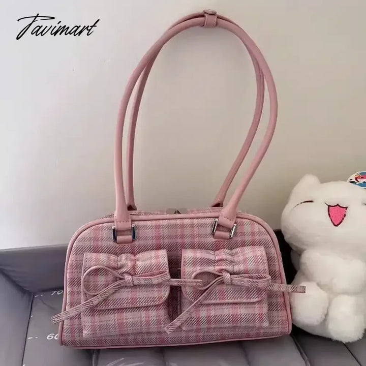 Tavimart - Pink Elegant Womens Shoulder Bag Plaid Bow Vintage Leather Cute Handbag Casual Sweet