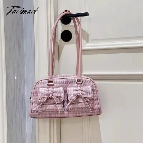 Tavimart - Pink Elegant Womens Shoulder Bag Plaid Bow Vintage Leather Cute Handbag Casual Sweet