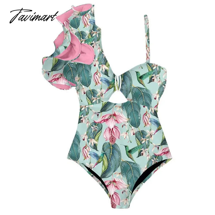 Tavimart Pink Fashion Print Ruffle One - Piece Swimsuit Set Women’s Summer Swiming Suit Luxury