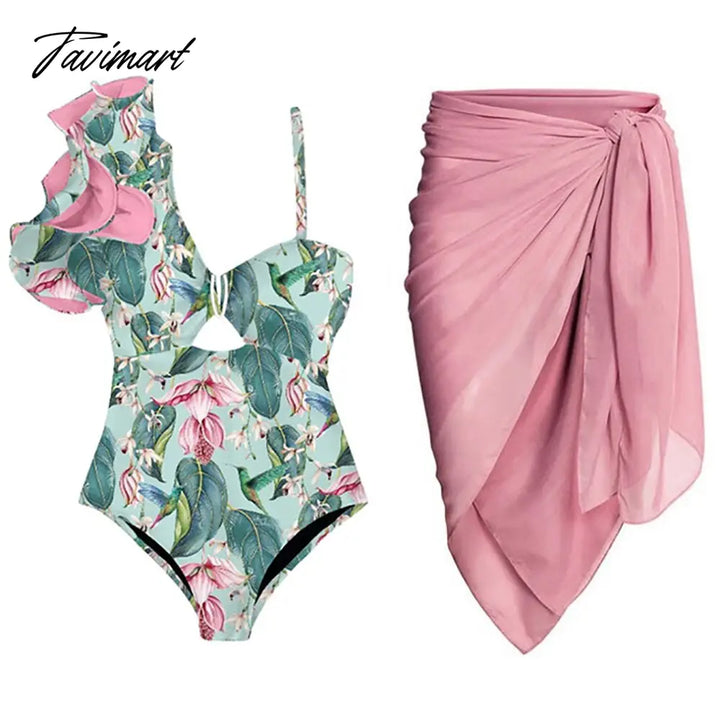 Tavimart Pink Fashion Print Ruffle One - Piece Swimsuit Set Women’s Summer Swiming Suit Luxury