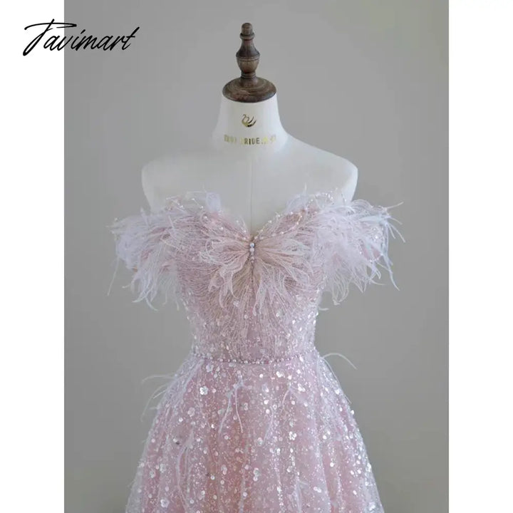 Tavimart - Pink Feather Sequin Evening Dress Bridal Sleeveless V - Neck Back Lace - Up Birthday
