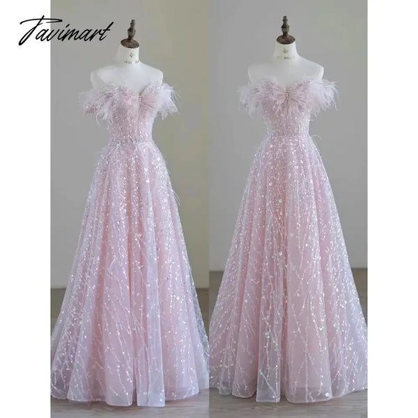 Tavimart - Pink Feather Sequin Evening Dress Bridal Sleeveless V - Neck Back Lace - Up Birthday