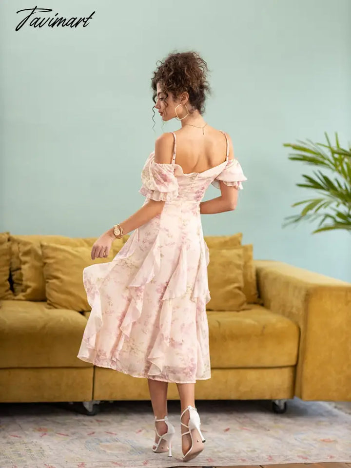 Tavimart Pink Floral Summer Pleated Dresses Women High Waist Elegant Long Slip Dress Off Shoulder