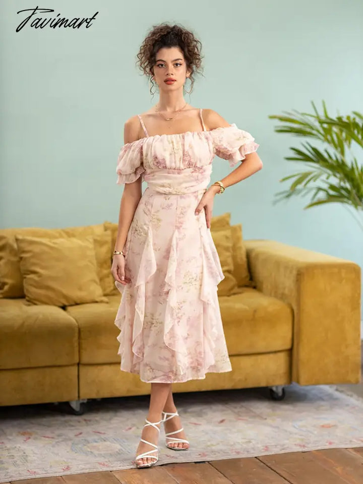 Tavimart Pink Floral Summer Pleated Dresses Women High Waist Elegant Long Slip Dress Off Shoulder