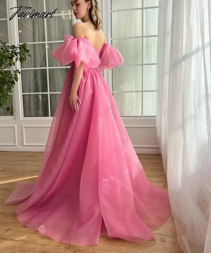 Tavimart - Pink Organza Princess Off - Shoulder Evening Party Dress With Puff Sleeves Criss - Cross