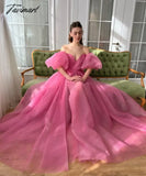 TAVIMART  -  Pink Organza Princess Off-shoulder Evening Party Dress with Puff Sleeves Criss-cross Sexy V-neck Bride Wedding Gown Prom Gowns
