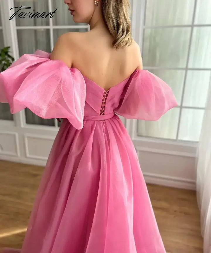 Tavimart - Pink Organza Princess Off - Shoulder Evening Party Dress With Puff Sleeves Criss - Cross