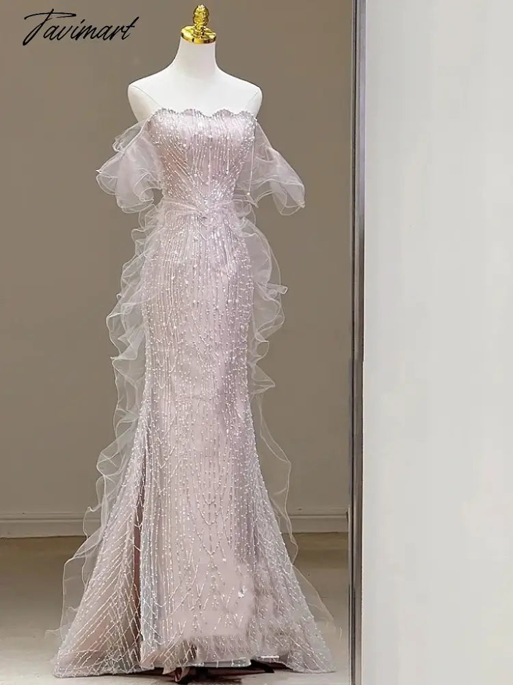 TAVIMART - Pink Shiny Senior Evening Dresses Strapless Bead Sleeveless ...