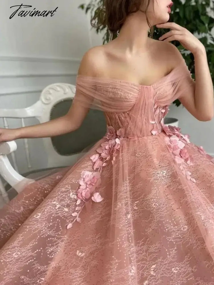 Tavimart - Pink Tulle Evening Dresses Sequined Sparkly Lace Off Shoulder Applique Floral Flowers A