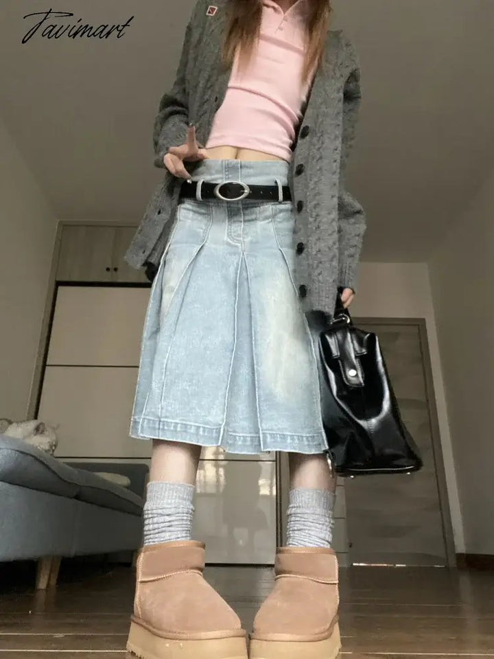 Tavimart Pleated Denim Skirt Women Korean Fashion Vintage High Waist Knee - Length A - Line Midi