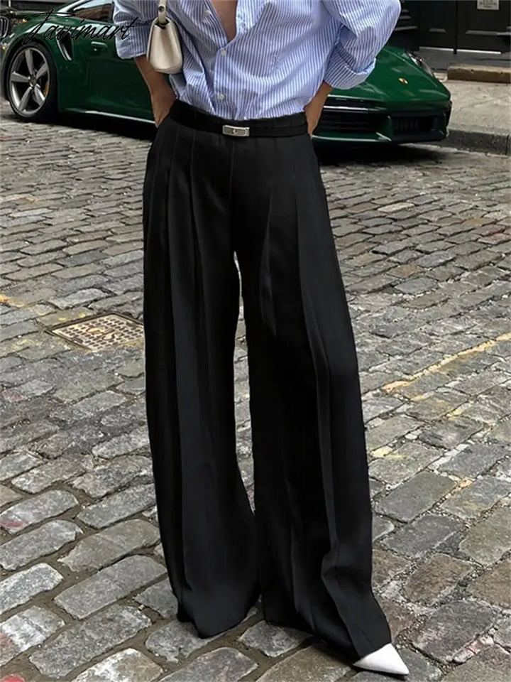 Tavimart Pleated White Wide Leg Trousers High Waist For Women Patchwork Fashion Loose Street Ladies