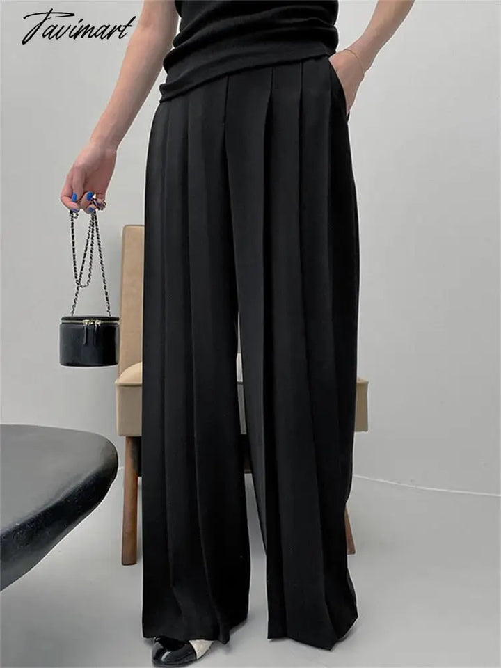 Tavimart Pleated White Wide Leg Trousers High Waist For Women Patchwork Fashion Loose Street Ladies