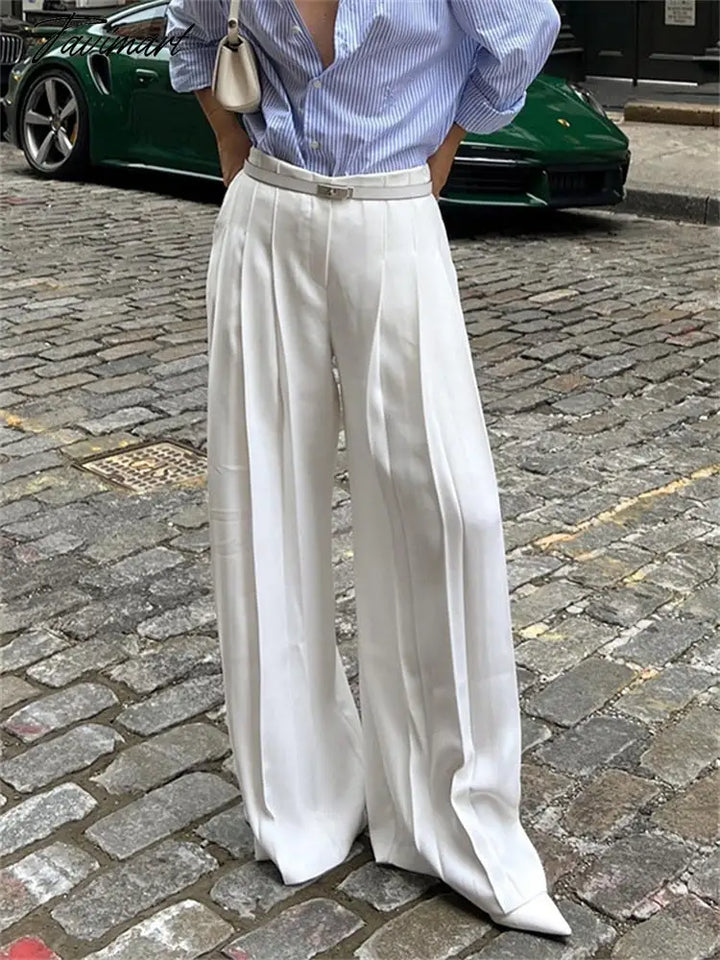 Tavimart Pleated White Wide Leg Trousers High Waist For Women Patchwork Fashion Loose Street Ladies