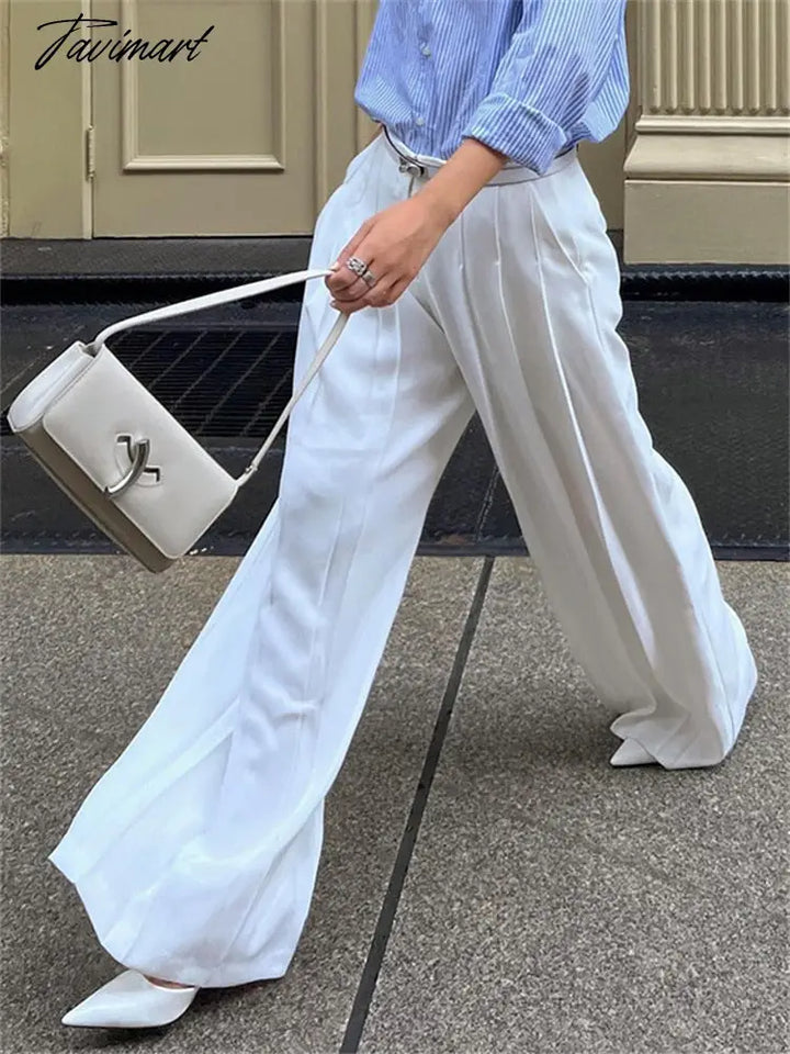 Tavimart Pleated White Wide Leg Trousers High Waist For Women Patchwork Fashion Loose Street Ladies