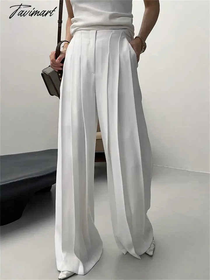 Tavimart Pleated White Wide Leg Trousers High Waist For Women Patchwork Fashion Loose Street Ladies