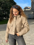 Tavimart Pockets Cropped Jacket Woman Spring Streetwear Turn Down Collar Long Sleeve Khaki Short