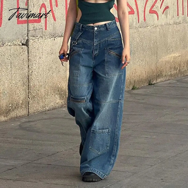 Tavimart Pockets Patchwork Baggy Jeans Fashion Streetwear Women Denim Trouser Loose Cargo Pants