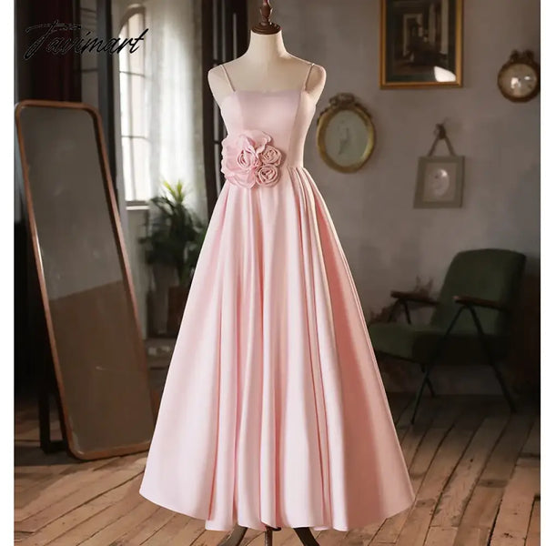 Tavimart - Princess Pink A - Line Pleated 3D Flowers Formal Prom Gown With Spaghetti Straps