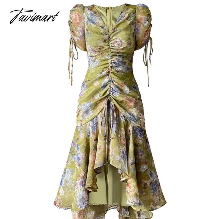 Tavimart Print France Vintage Fishtail Dress Female Green Chiffon Elegant Evening Party Midi Floral