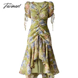 Tavimart Print France Vintage Fishtail Dress Female Green Chiffon Elegant Evening Party Midi Floral