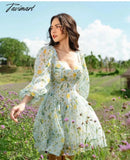 Tavimart Print Square Collar Chiffon Mini Dress Women French Style Indie Folk Green Floral