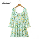 Tavimart Print Square Collar Chiffon Mini Dress Women French Style Indie Folk Green Floral / S