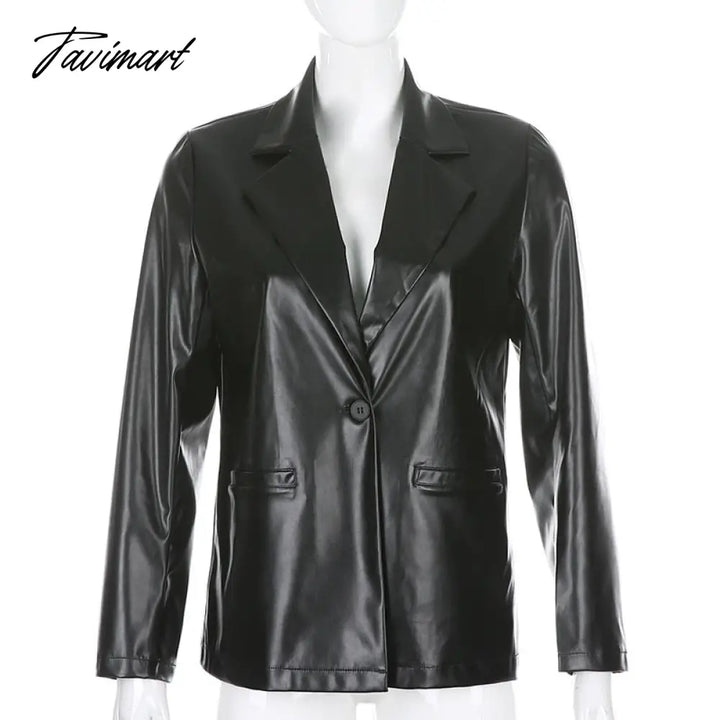 Tavimart Pu Leather Jacket Women Autumn Balck Single Button Turn - Down Collar Medium Style Coat