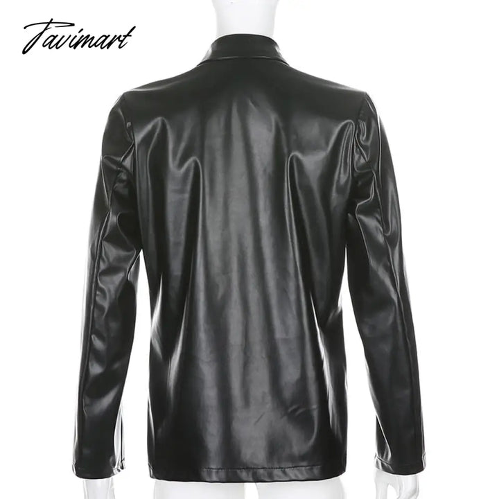 Tavimart Pu Leather Jacket Women Autumn Balck Single Button Turn - Down Collar Medium Style Coat