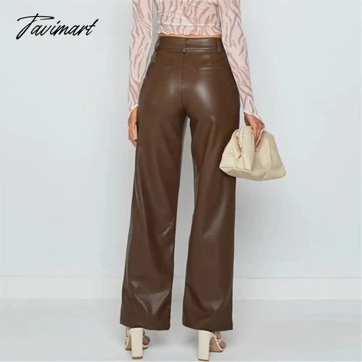 Tavimart Pu Leather Women Pants High Waist Wide Leg Brown Solid Long Casual Office Lady Autumn