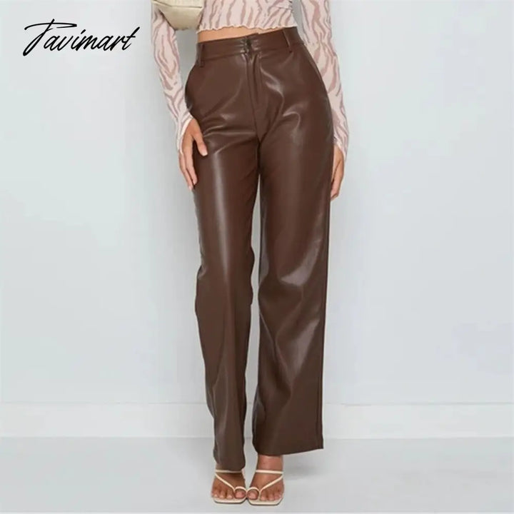 Tavimart Pu Leather Women Pants High Waist Wide Leg Brown Solid Long Casual Office Lady Autumn