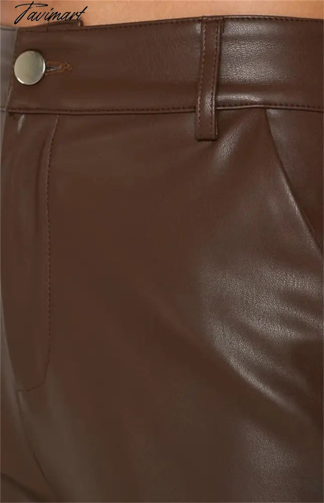 Tavimart Pu Leather Women Pants High Waist Wide Leg Brown Solid Long Casual Office Lady Autumn