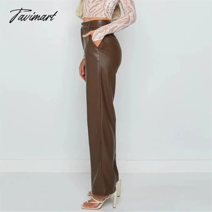 Tavimart Pu Leather Women Pants High Waist Wide Leg Brown Solid Long Casual Office Lady Autumn