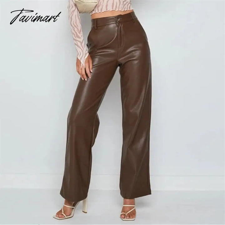 Tavimart Pu Leather Women Pants High Waist Wide Leg Brown Solid Long Casual Office Lady Autumn