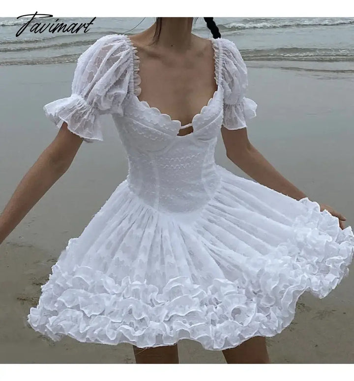 Tavimart Puff Sleeve Backless White Cute Dress For Women Summer Square Neck Ruffled Ball Gown A