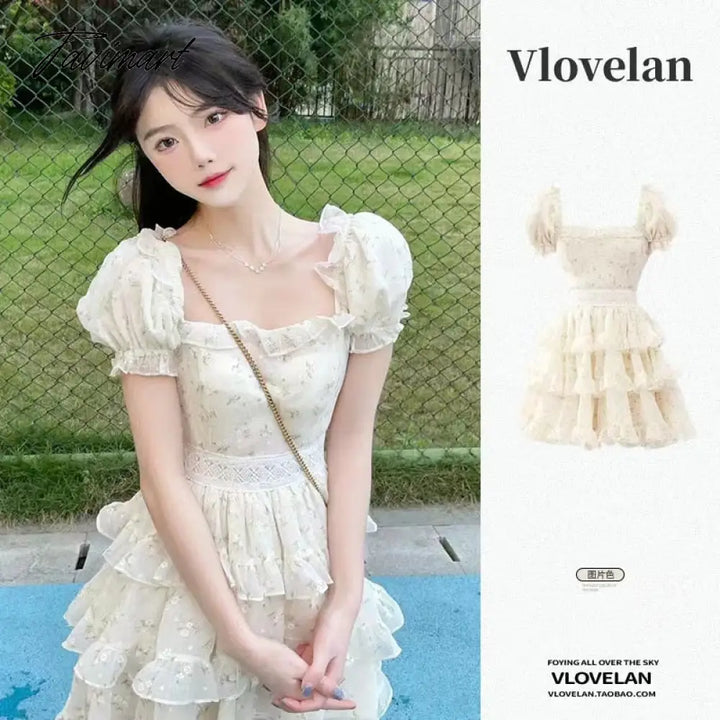 Tavimart Puff Sleeve Causal Sweet Dress Women Ruffles French Vintage Party Mini Female Holiday Bow
