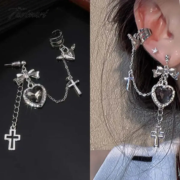 Tavimart Punk Gothic Black Crystal Heart Cross Chain Ear Cuff For Men Women Hip Hop Metal Clip On