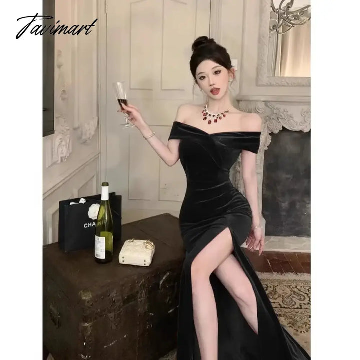 Tavimart - Pure Sexy Hot Girl Off Shoulder Elegant Velvet Dress Women’s Winter Slim Fit Wrap Hip