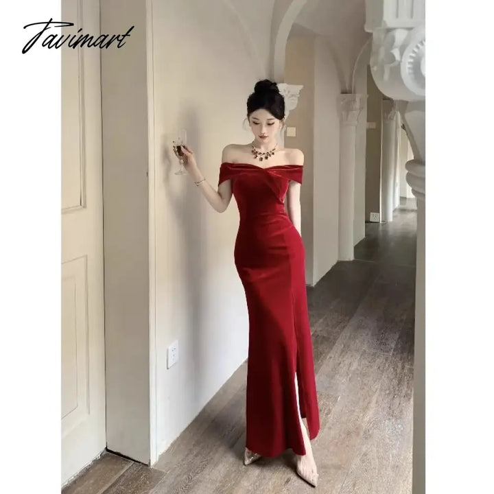 Tavimart - Pure Sexy Hot Girl Off Shoulder Elegant Velvet Dress Women’s Winter Slim Fit Wrap Hip