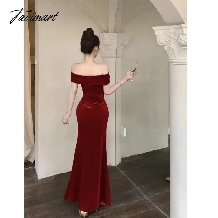 Tavimart - Pure Sexy Hot Girl Off Shoulder Elegant Velvet Dress Women’s Winter Slim Fit Wrap Hip