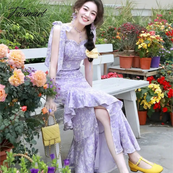 Tavimart - Purple Floral Strap Dress Tea Break Special - Interest Design Temperament Long