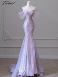 TAVIMART -  Purple Laser Sequin Beaded Mermaid Women Evening Dress with Puff Sleeves Tassel Pearls Tulle Train Prom Gown