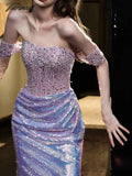 Tavimart - Purple Shiny Prom Dresses Strapless Off Shoulder Beading Sequin Mermaid Floor Length