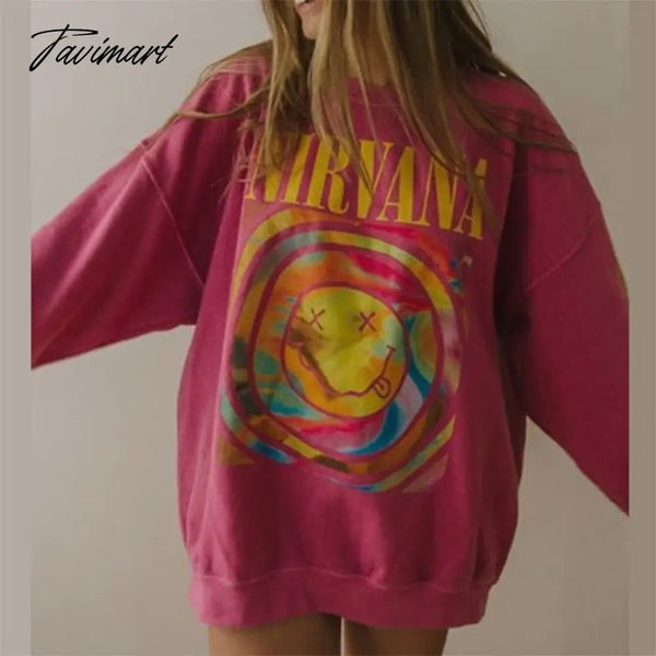 Tavimart Red Letter Printing Sweatshirt Women Vintage Streetwear Oversized Hoodie Long Sleeve Plus