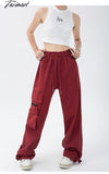 Tavimart Red Overalls Pants Women’s Fashion Trousers Hip Hop Drawstring High Waist Wide Leg Baggy