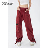Tavimart Red Overalls Pants Women’s Fashion Trousers Hip Hop Drawstring High Waist Wide Leg Baggy