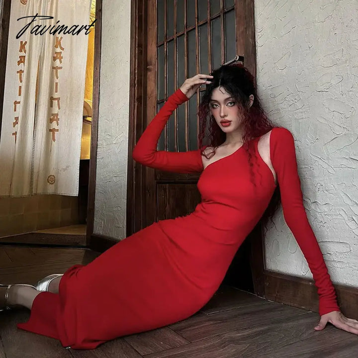 Tavimart Red Solid Hollow Out Long Dress Women Fashion Full Sleeve Bodycon Maxi Dresses Club