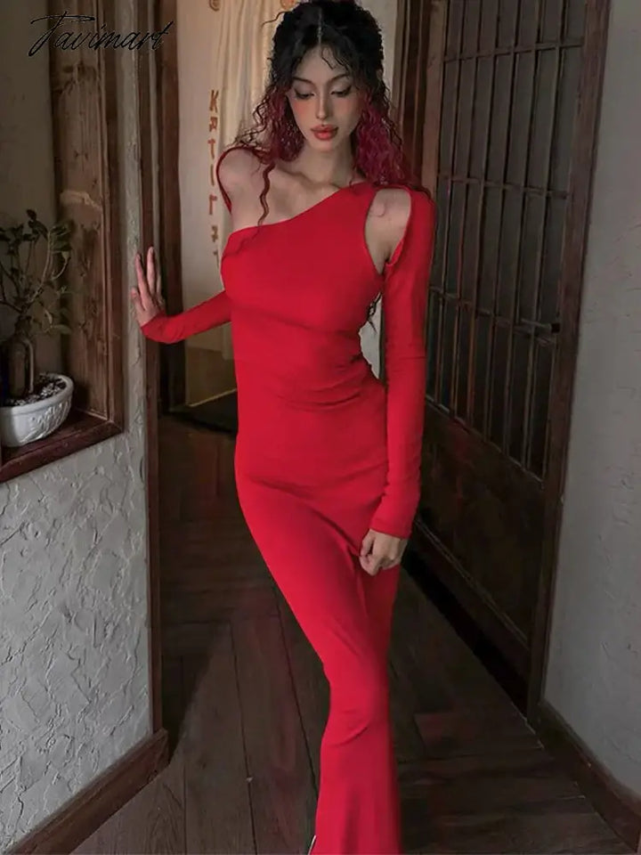 Tavimart Red Solid Hollow Out Long Dress Women Fashion Full Sleeve Bodycon Maxi Dresses Club